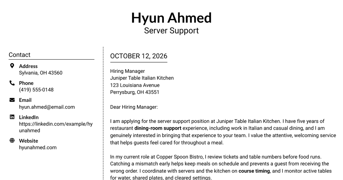 7 Server Support - Dining Room Service Cover Letter Templates with Example