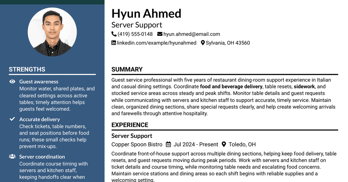 7 Server Support - Dining Room Service Resume Templates with Example
