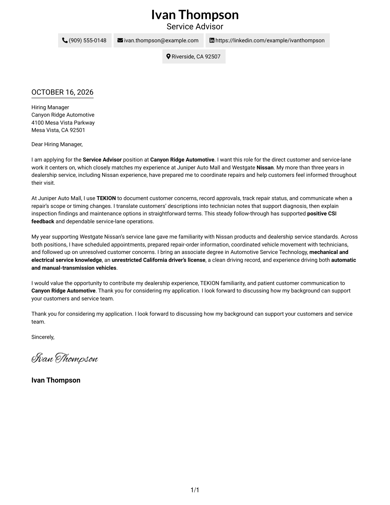 Cover letter example — page 1