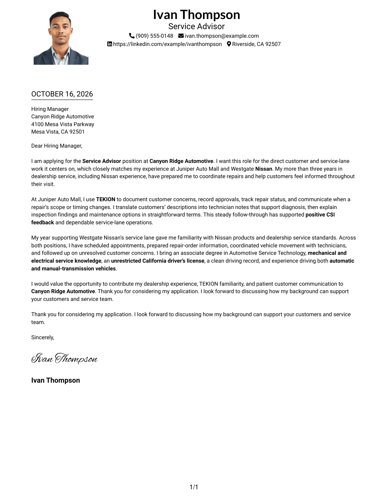 Cover letter example — page 1