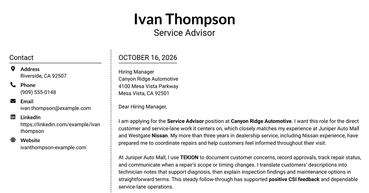 7 Service Advisor - Automotive Repair Cover Letter Templates with Example