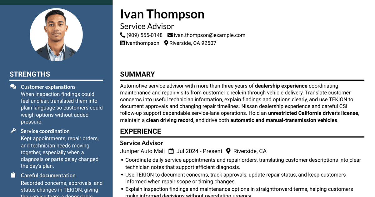7 Service Advisor - Automotive Repair Resume Templates with Example