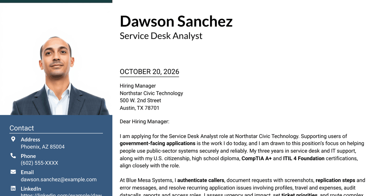 7 Service Desk Analyst - Federal Application Support Cover Letter Templates with Example