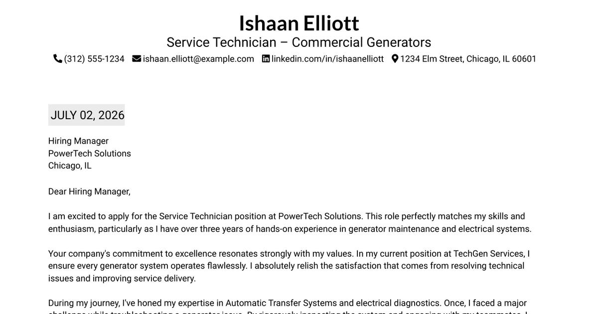 30+ Service Technician – Commercial Generators Cover Letter Templates with Example 2026