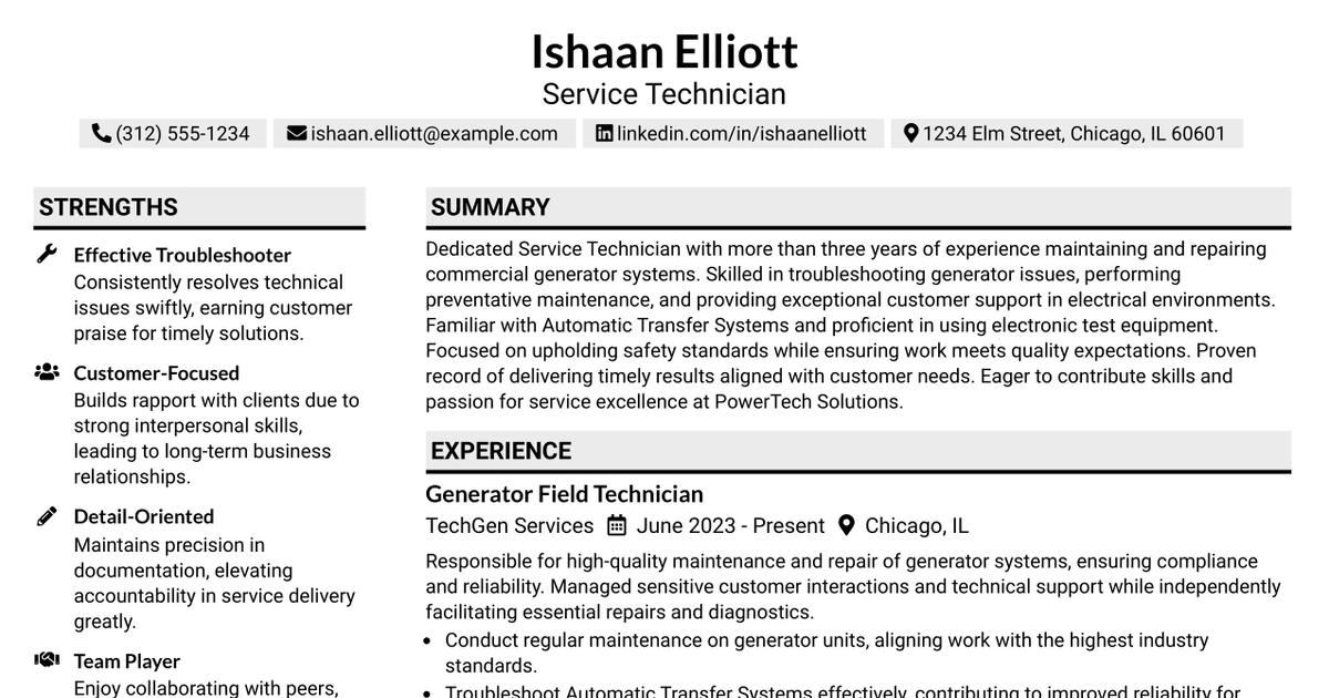 33 Service Technician – Commercial Generators Resume Templates with Example 2026 (ATS-Optimized)