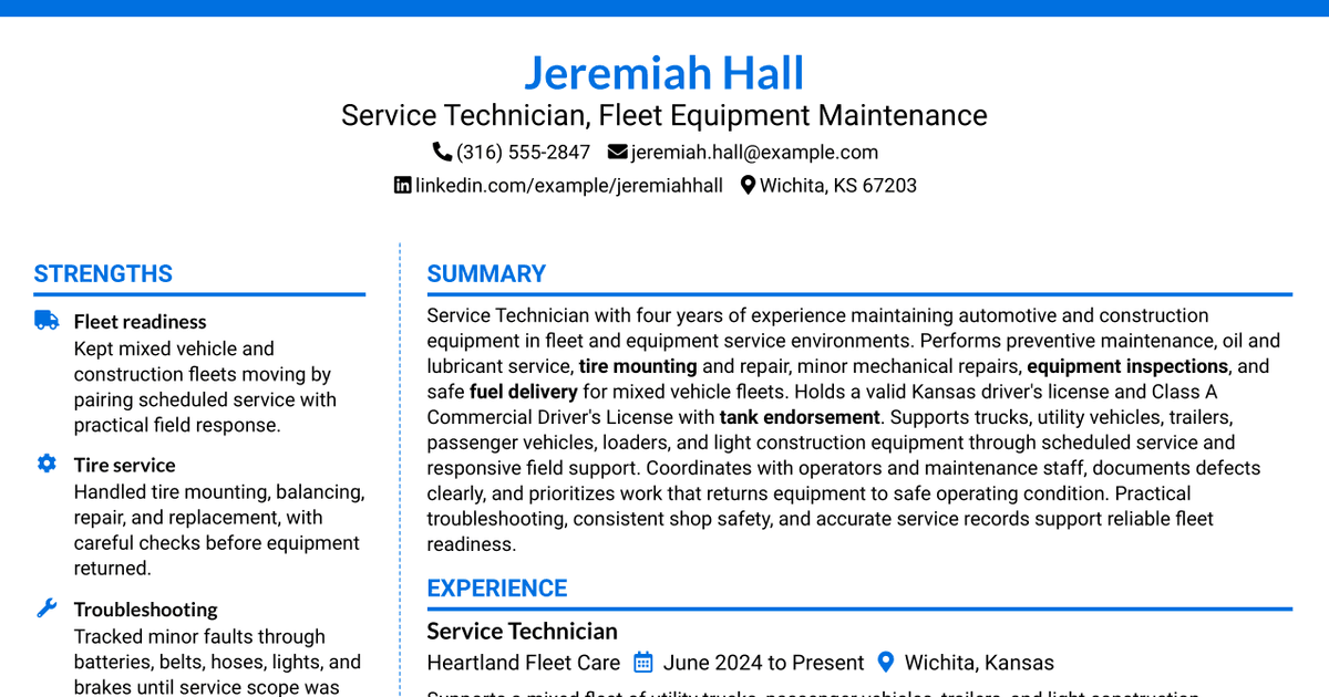 7 Service Technician - Fleet Equipment Maintenance Resume Templates with Example