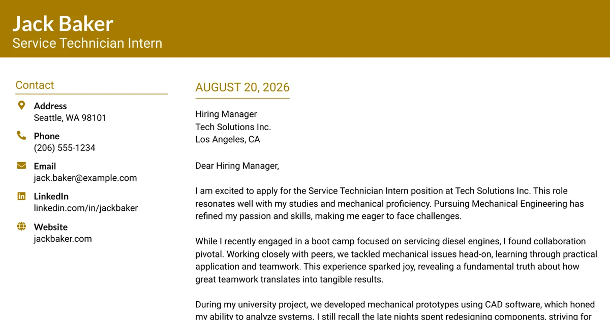 30+ Service Technician Intern Cover Letter Templates with Example 2026