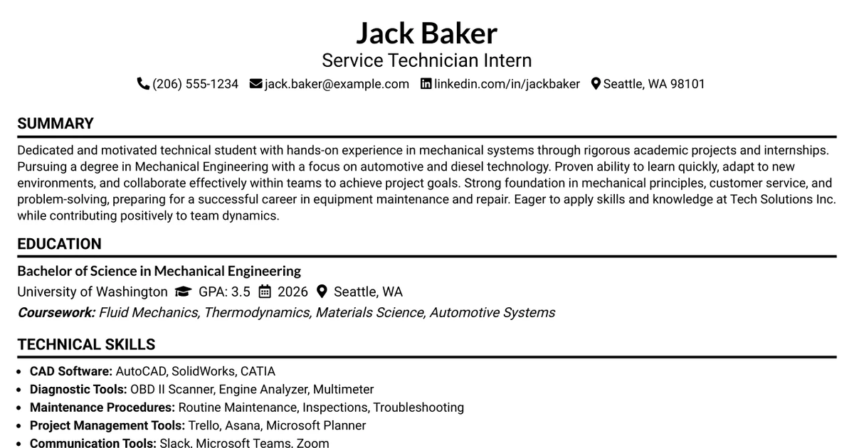 33 Service Technician Intern Resume Templates with Example 2026 (ATS-Optimized)