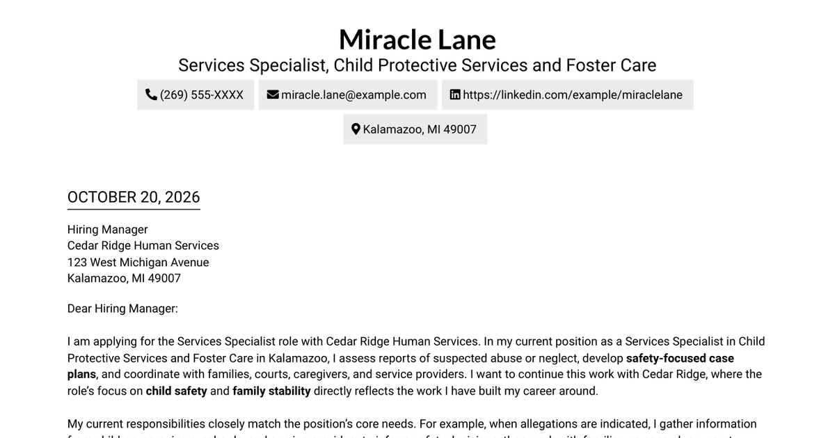 7 Services Specialist - CPS and Foster Care Cover Letter Templates with Example