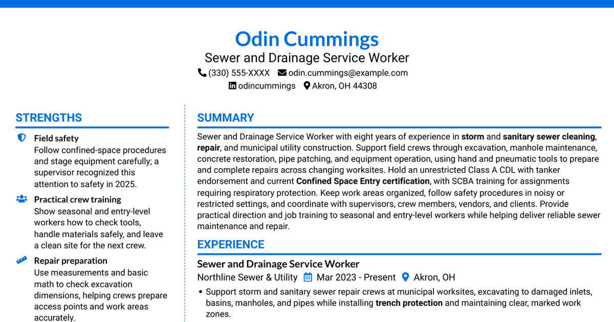 7 Sewer and Drainage Service Worker - Sewer Maintenance and Repair Resume Templates with Example