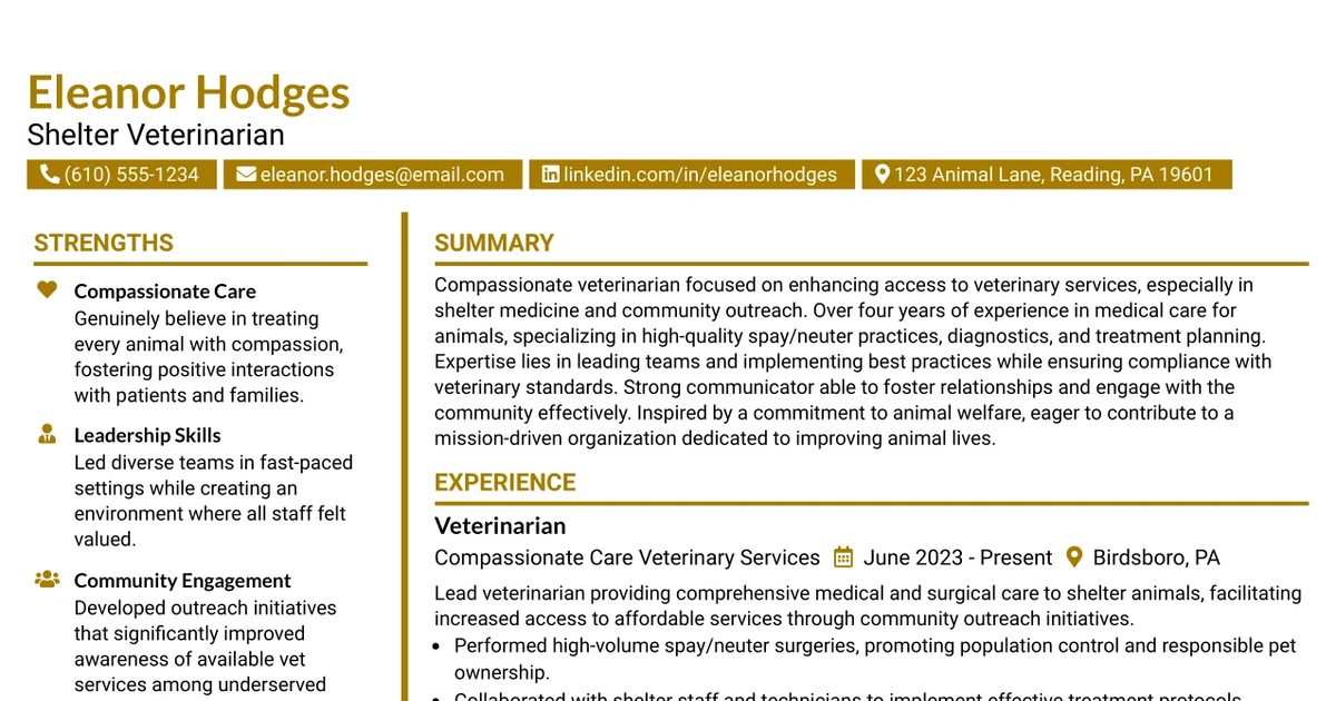 33 Shelter Veterinarian Resume Templates with Example 2026 (ATS-Optimized)