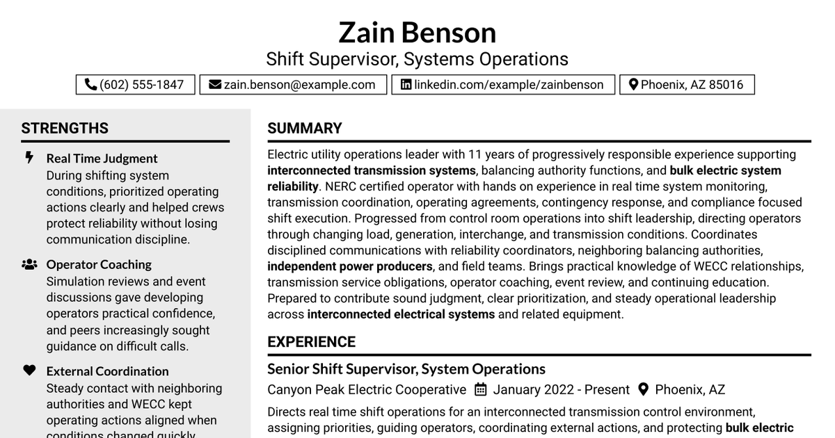 7 Shift Supervisor, Systems Operations Resume Templates with Example