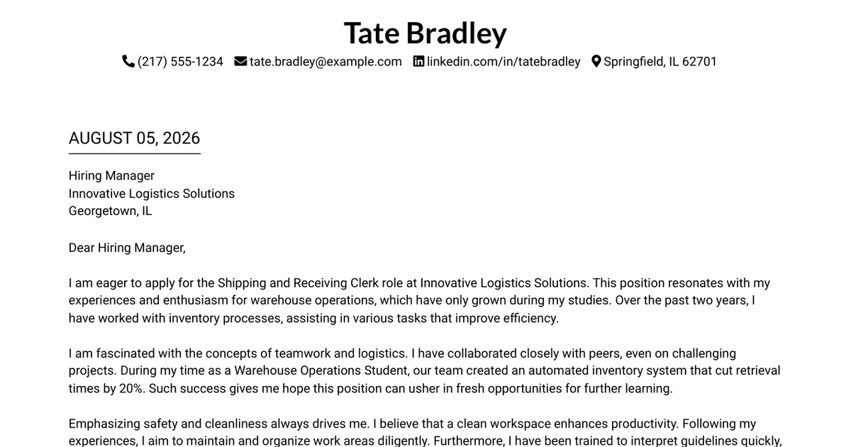 30+ Shipping and Receiving Clerk Cover Letter Templates with Example 2026