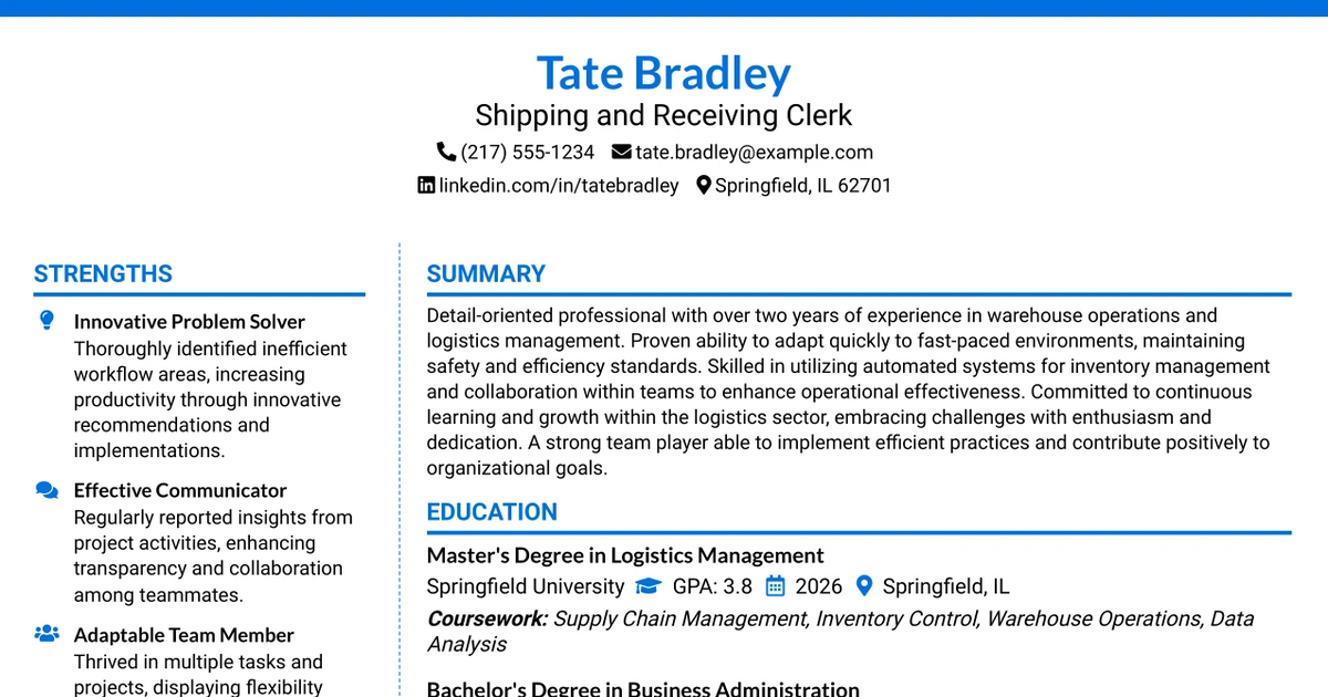 33 Shipping and Receiving Clerk Resume Templates with Example 2026 (ATS-Optimized)