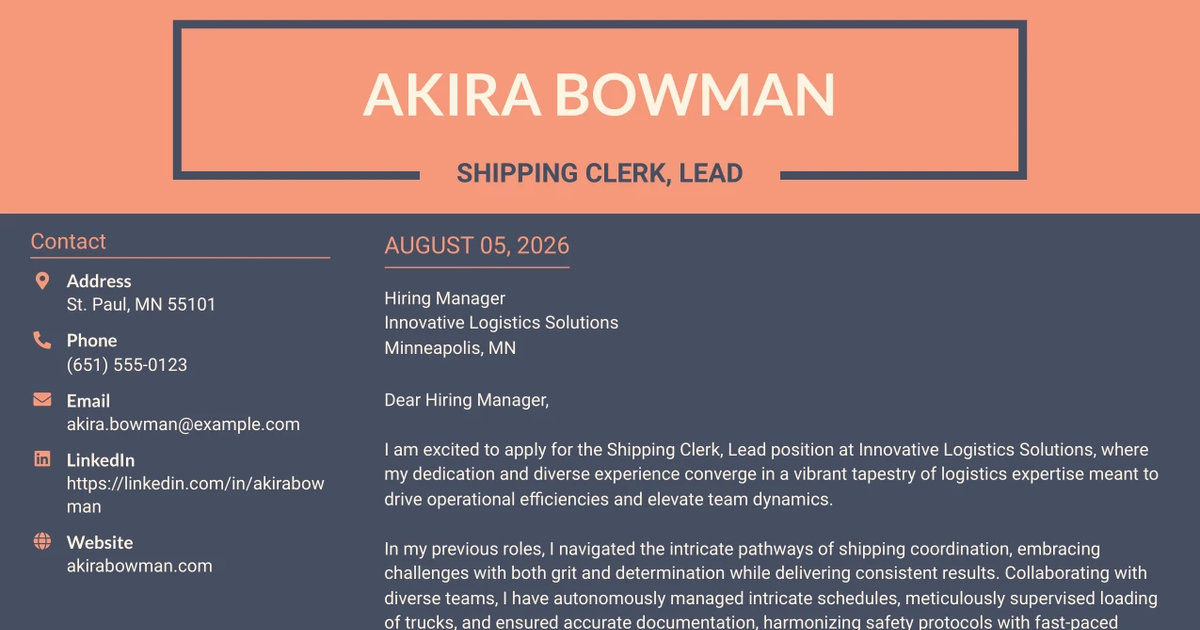 30+ Shipping Clerk, Lead Cover Letter Templates with Example 2026
