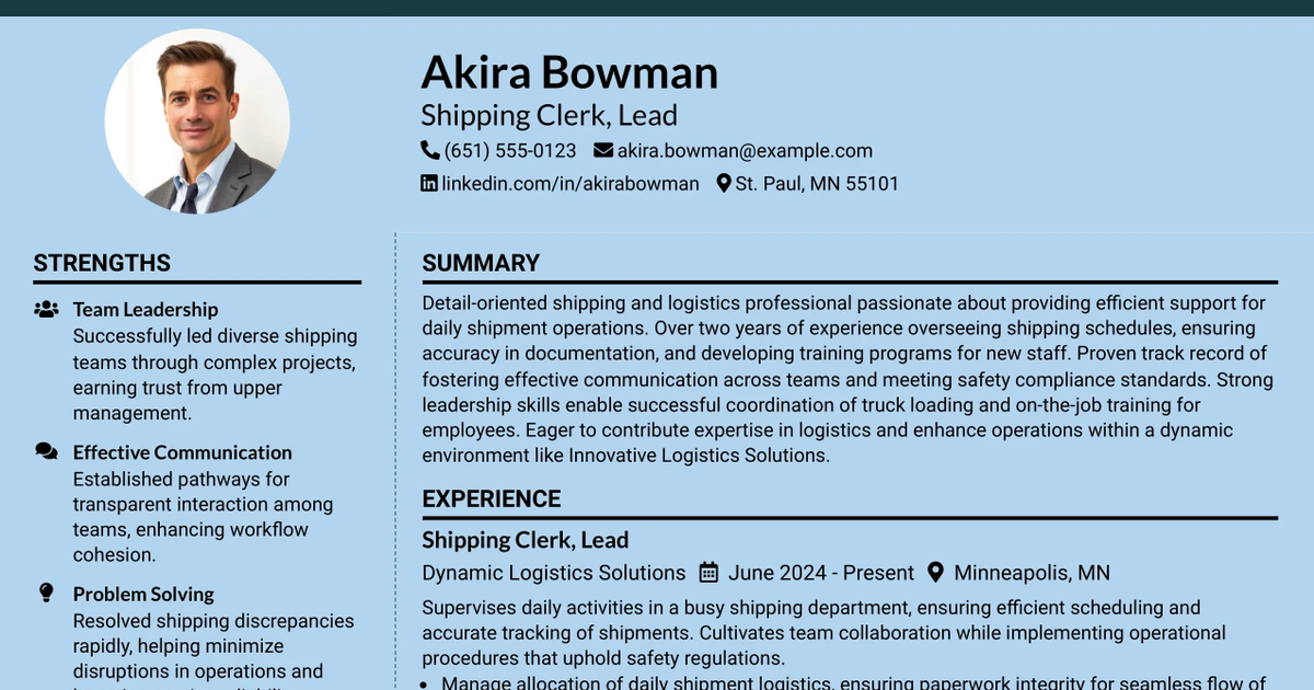 33 Shipping Clerk, Lead Resume Templates with Example 2026 (ATS-Optimized)