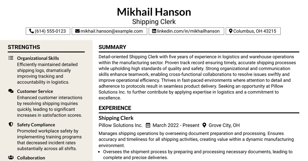 33 Shipping Clerk Resume Templates with Example 2026 (ATS-Optimized)