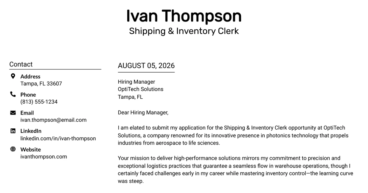 30+ Shipping & Inventory Clerk Cover Letter Templates with Example 2026