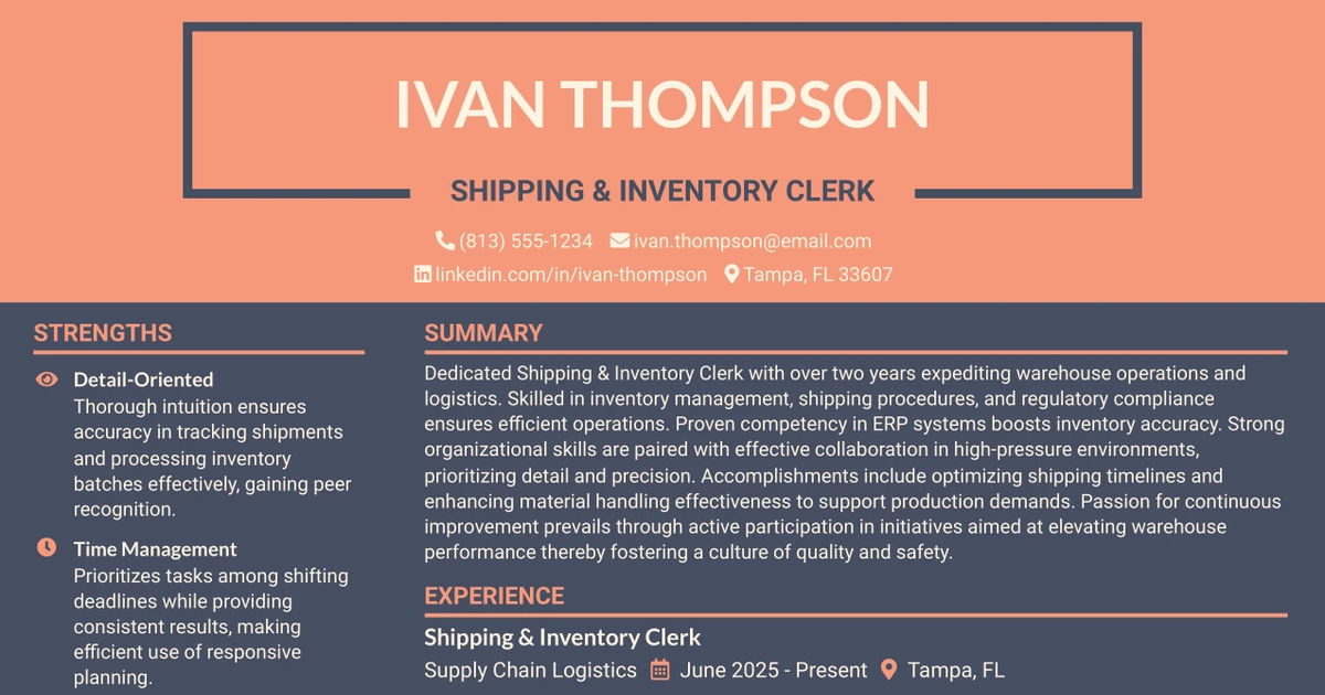 33 Shipping & Inventory Clerk Resume Templates with Example 2026 (ATS-Optimized)