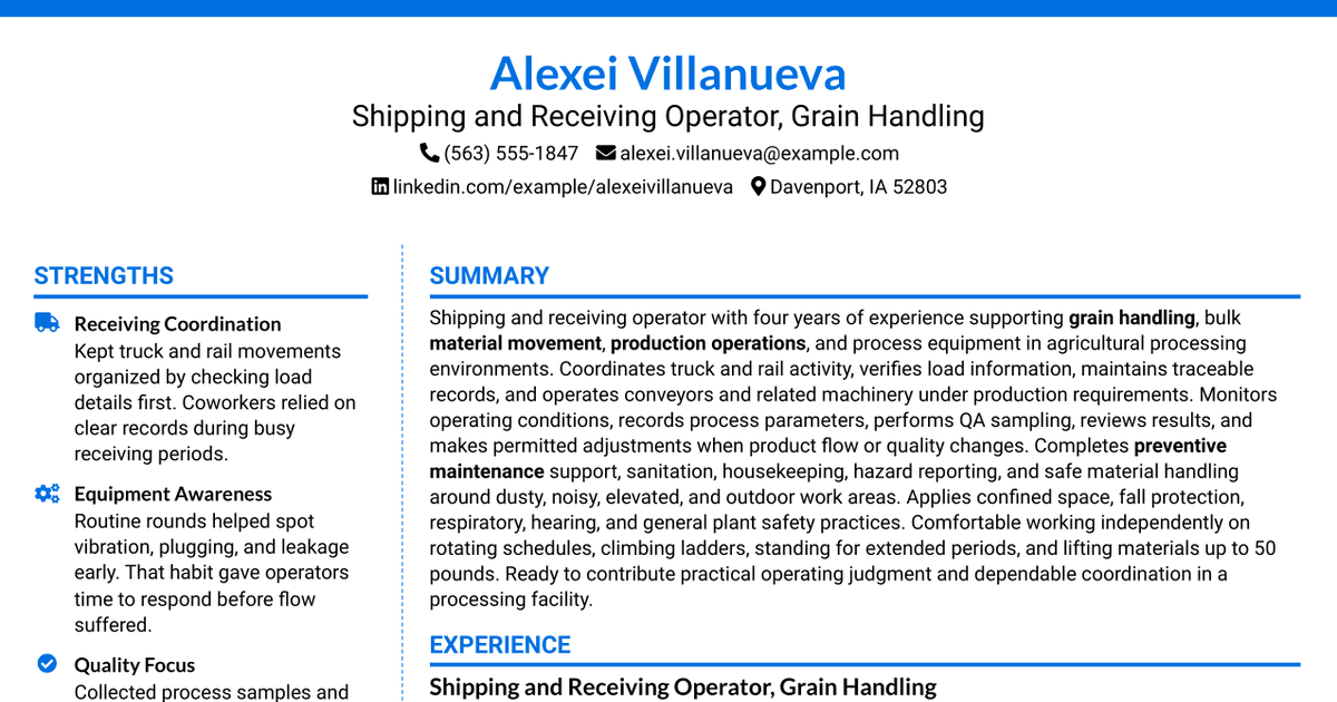 7 Shipping & Receiving Operator - Grain Handling Resume Templates with Example