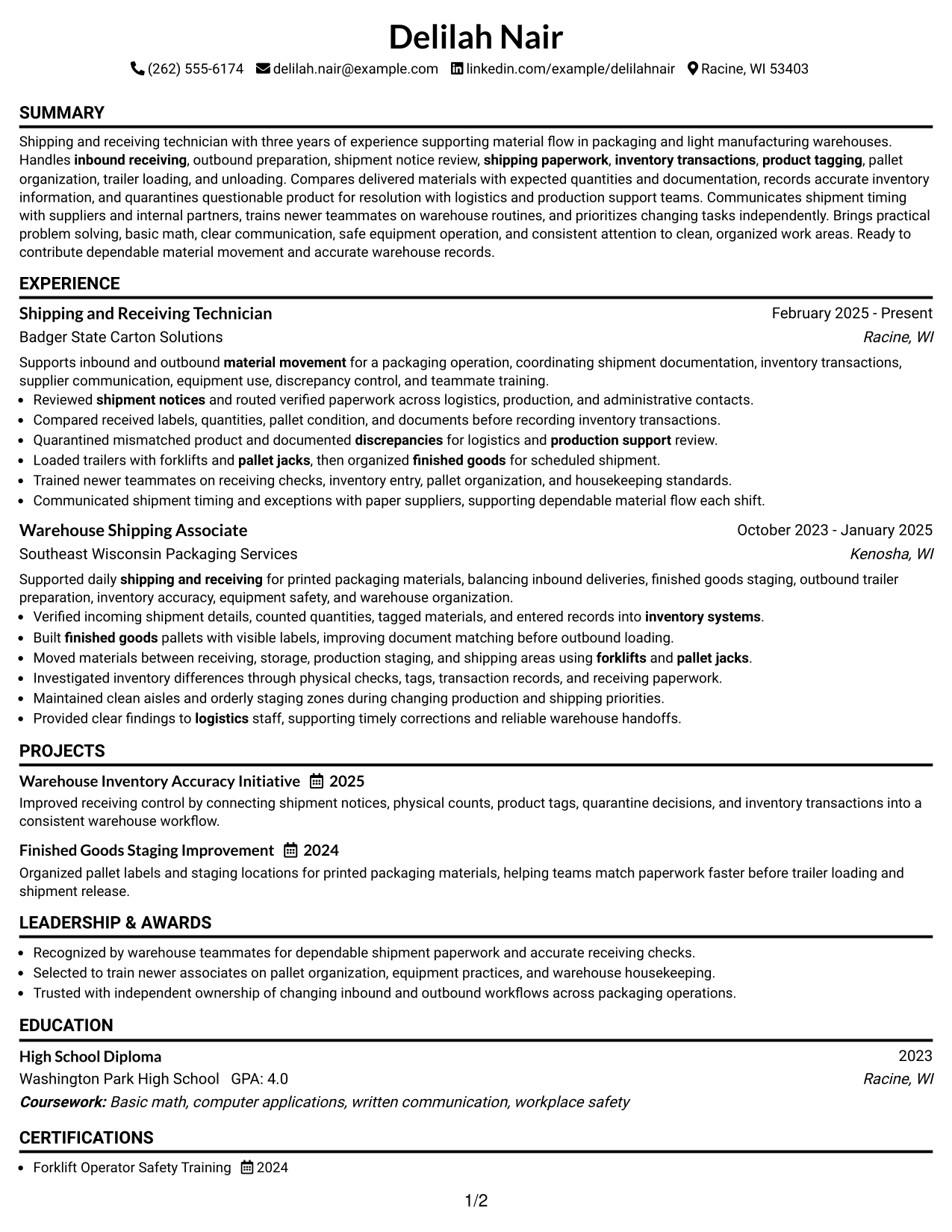 Resume Example Page 1
