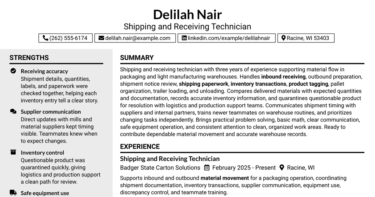 7 Shipping & Receiving Tech Resume Templates with Example