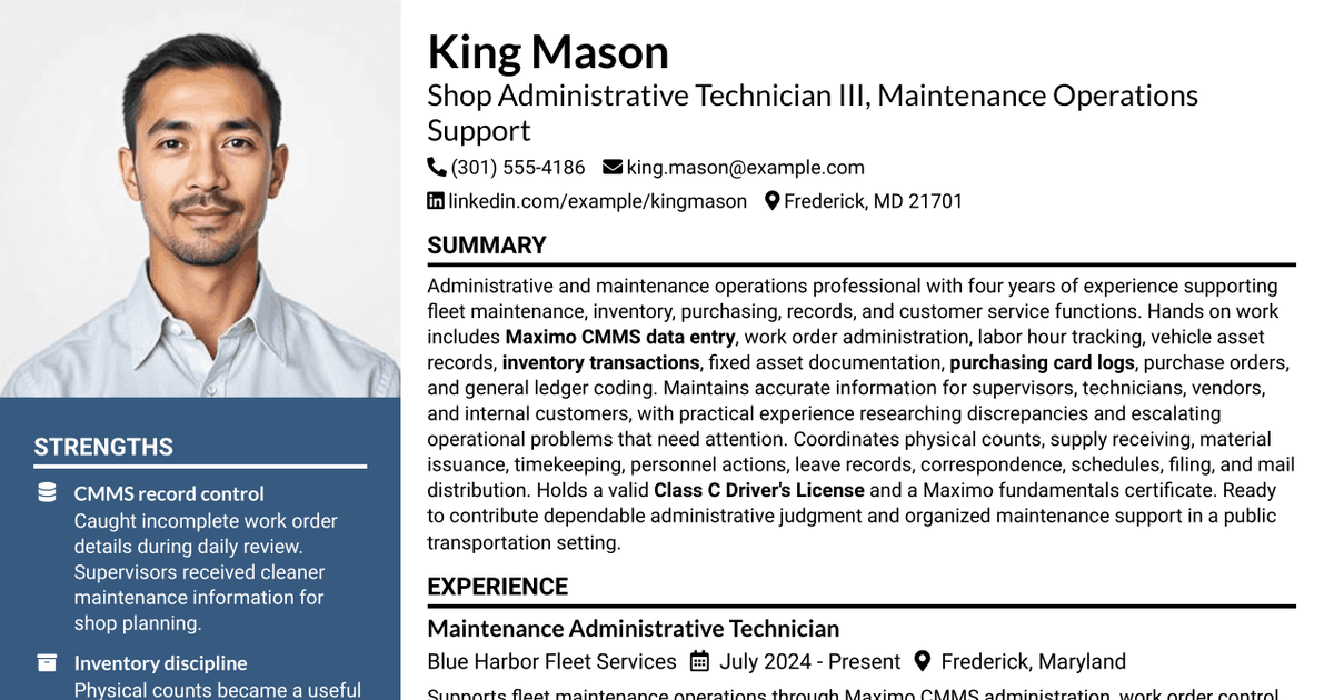 7 Shop Administrative Technician III - Maintenance Operations Support Resume Templates with Example