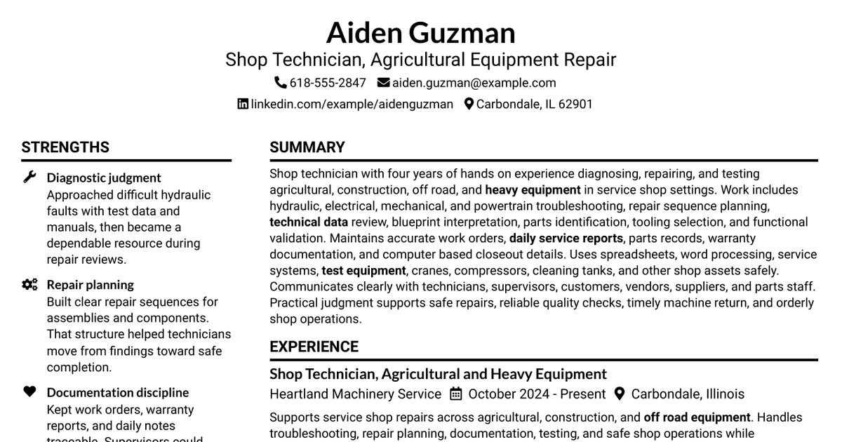 7 Shop Technician - Agricultural Equipment Repair Resume Templates with Example