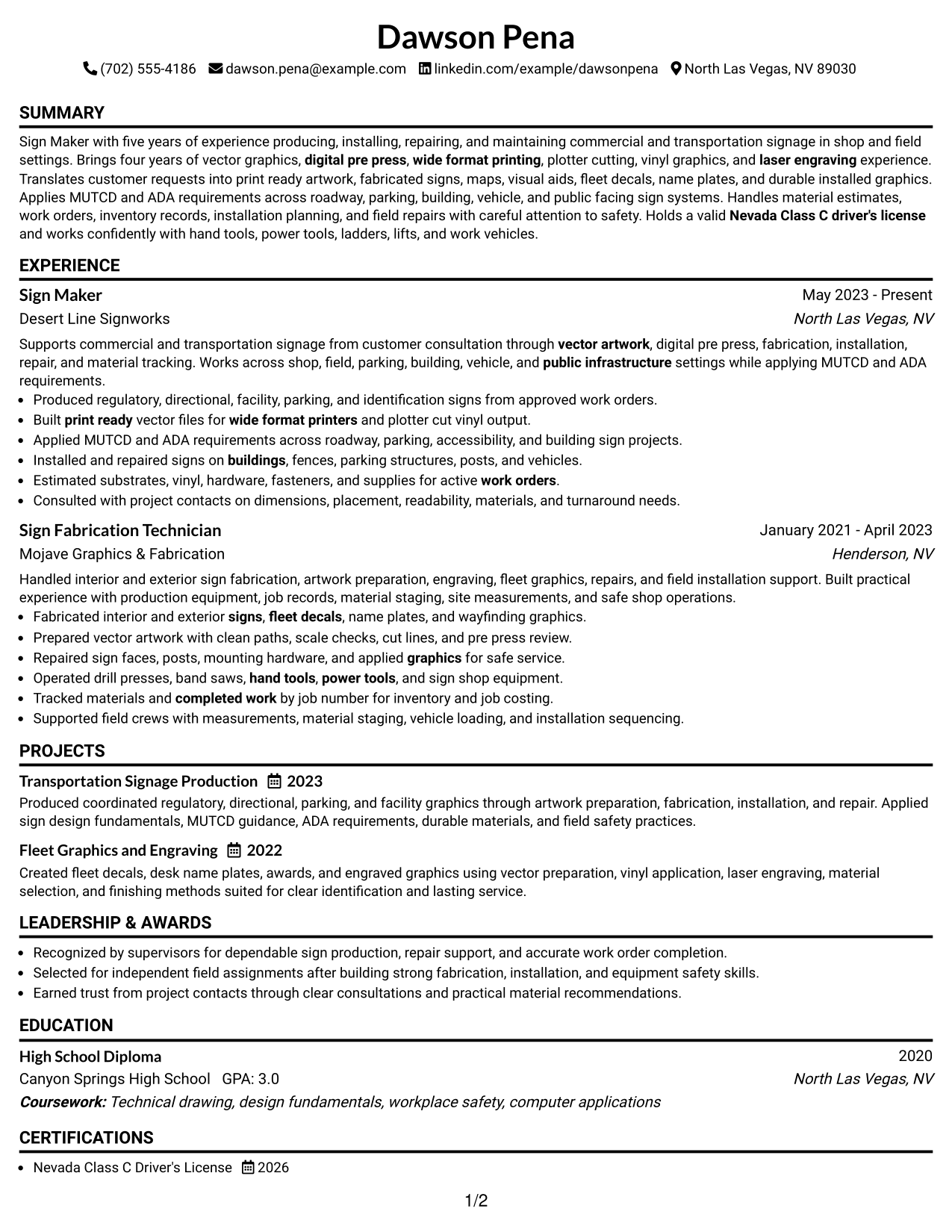 Resume Example Page 1