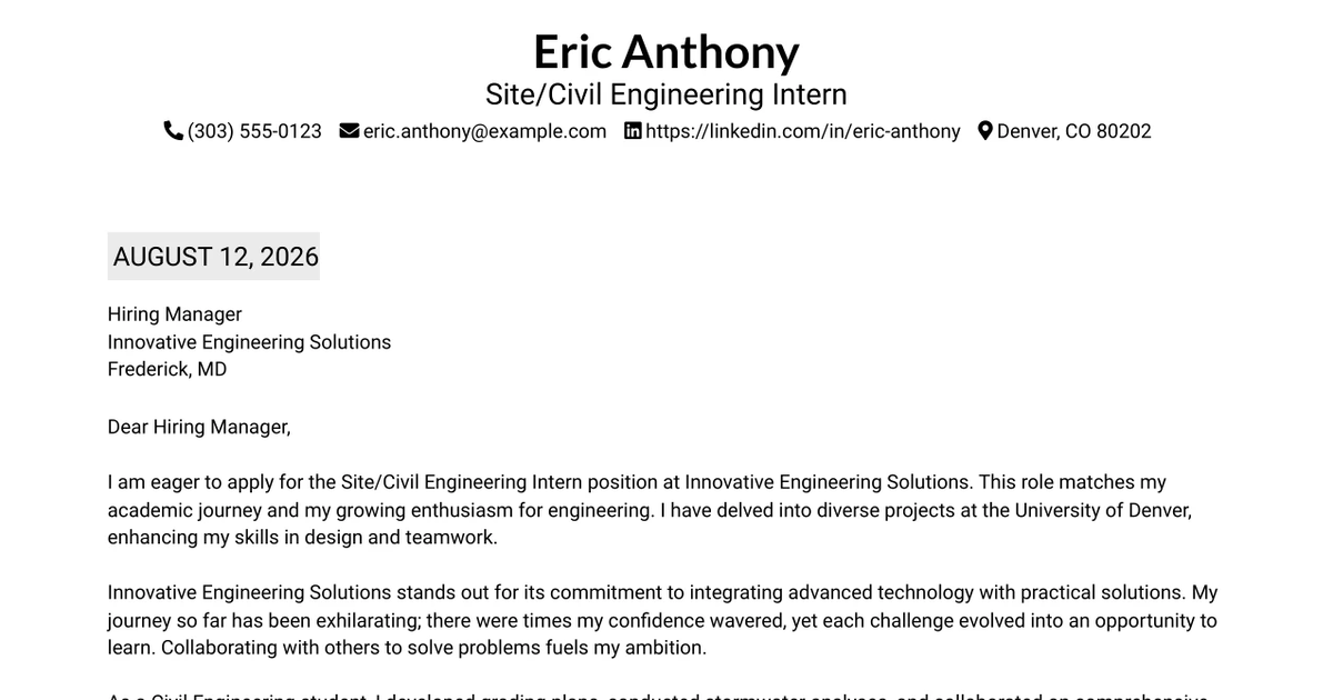30+ Site/Civil Engineering Intern Cover Letter Templates with Example 2026