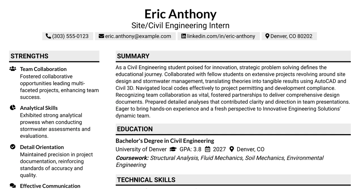 33 Site/Civil Engineering Intern Resume Templates with Example 2026 (ATS-Optimized)