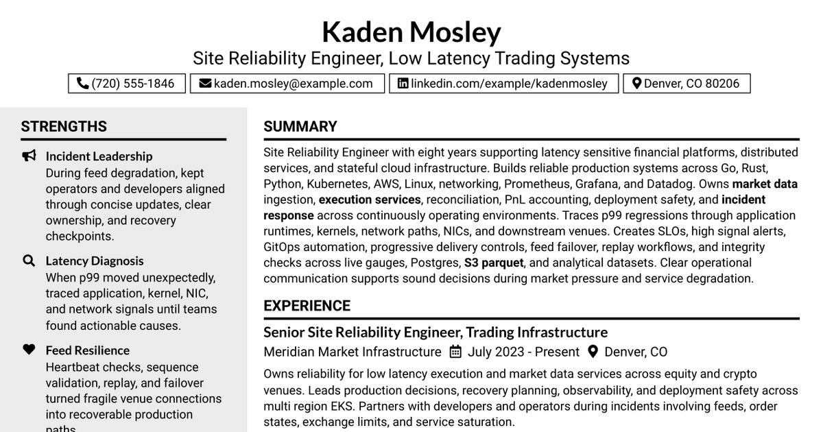 7 Site Reliability Engineer - Low-Latency Trading Systems Resume Templates with Example