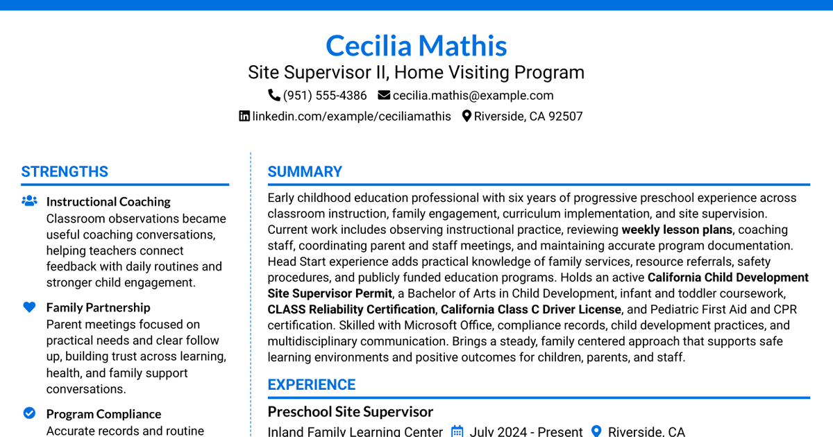 7 Site Supervisor II - Home Visiting Program Resume Templates with Example
