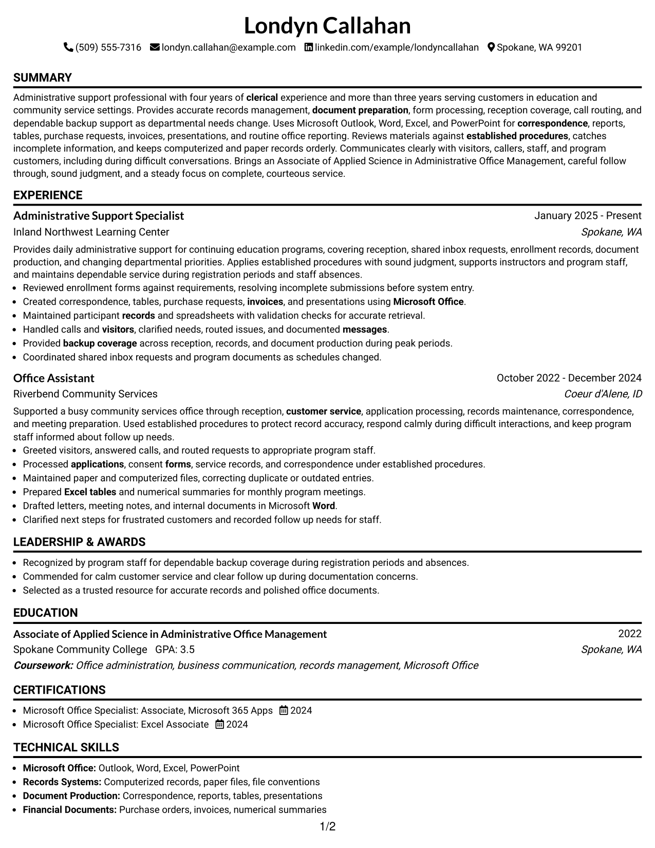 Resume Example Page 1
