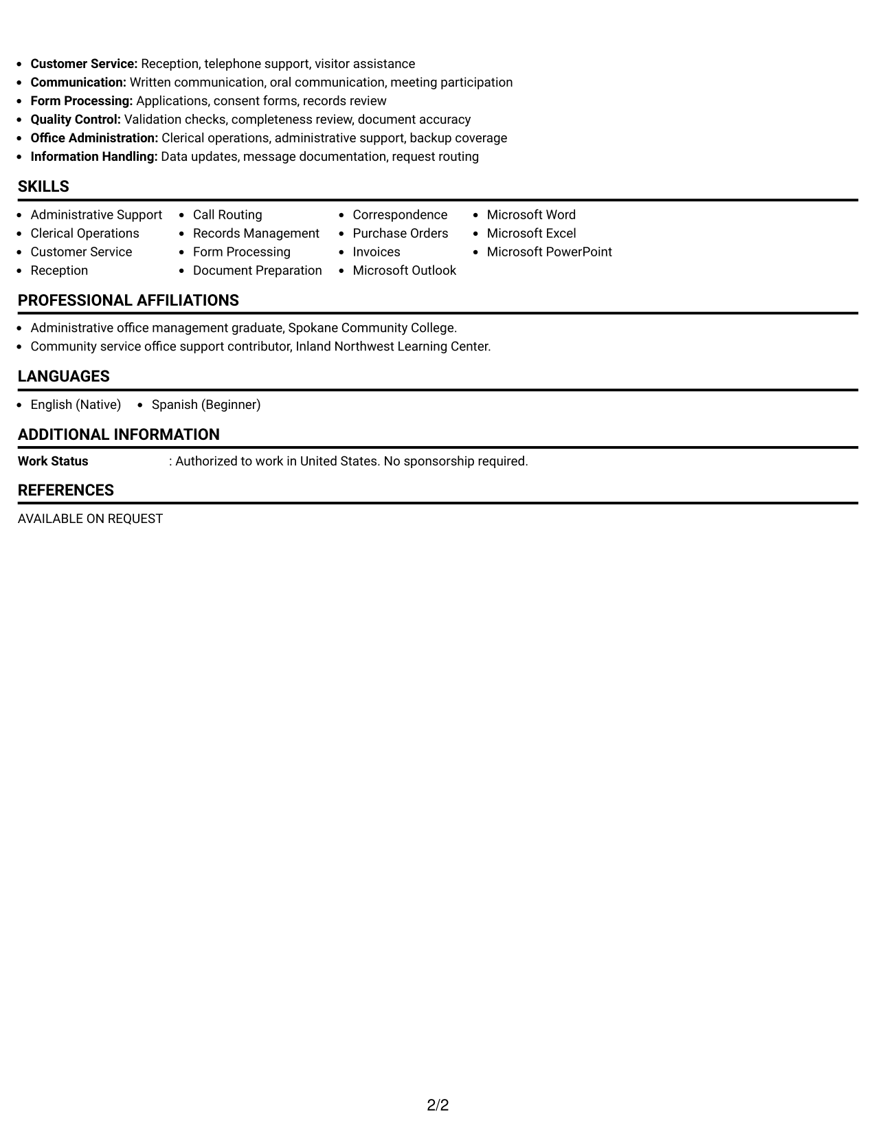 Resume Example Page 2