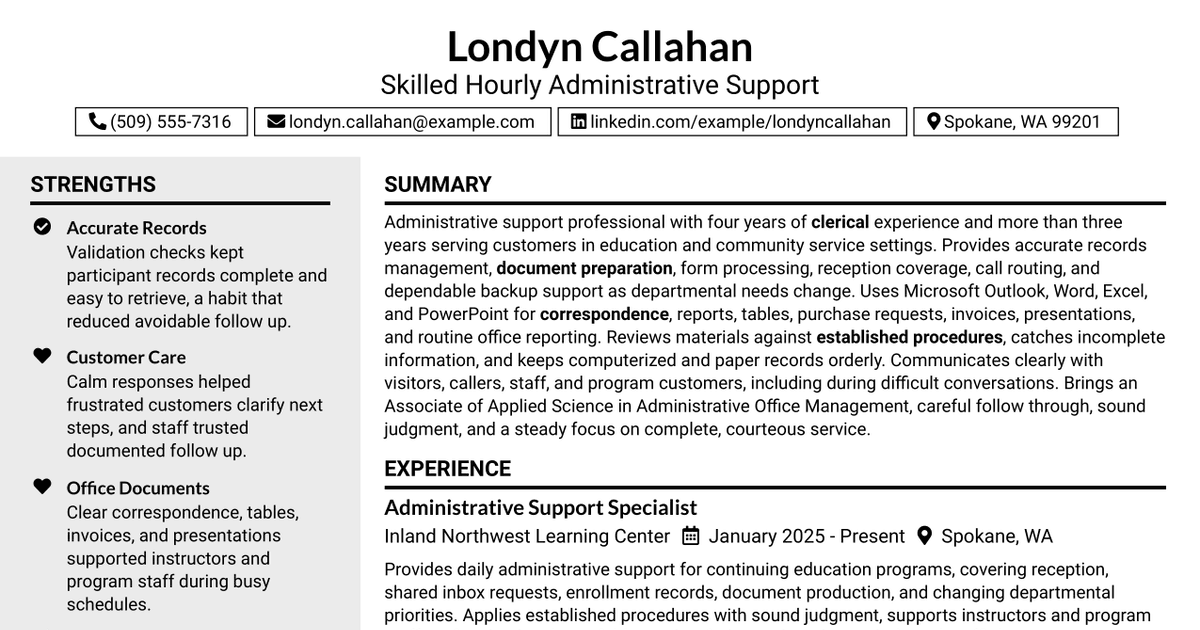 7 Skilled Hourly Administrative Support Resume Templates with Example