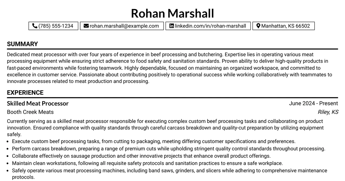 33 Skilled Meat Processor / Butcher Resume Templates with Example 2026 (ATS-Optimized)