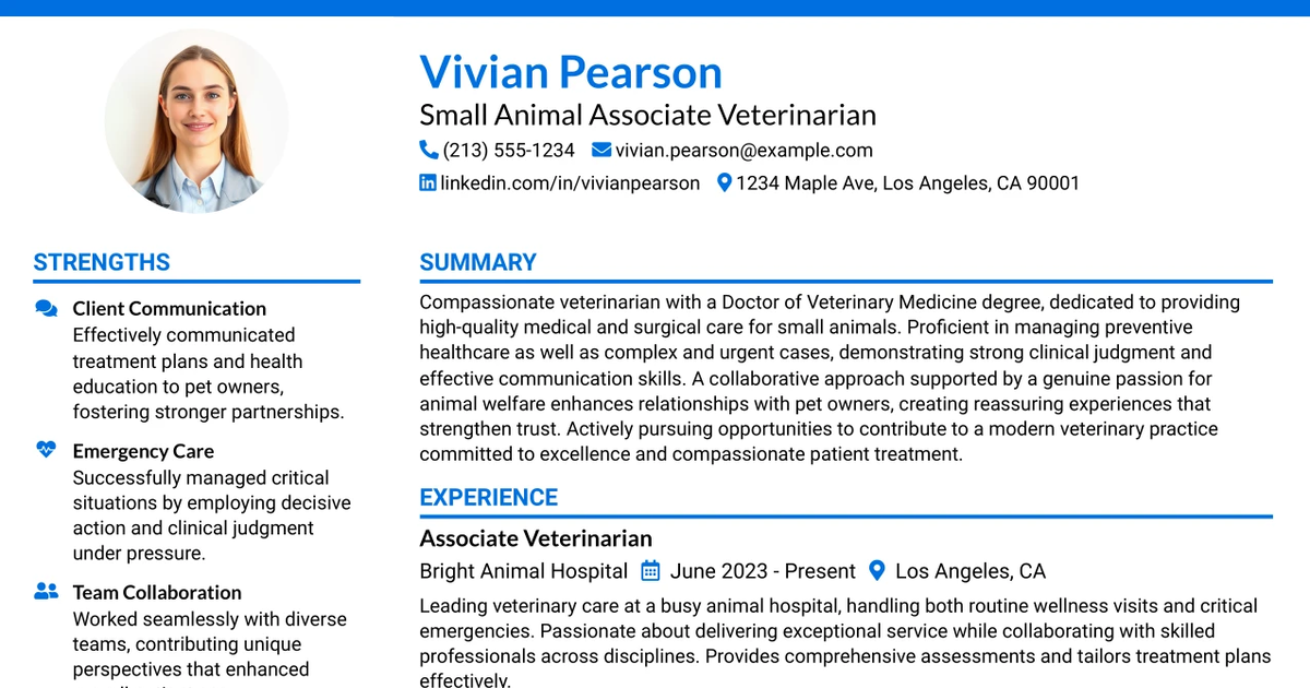 33 Small Animal Associate Veterinarian Resume Templates with Example 2026 (ATS-Optimized)