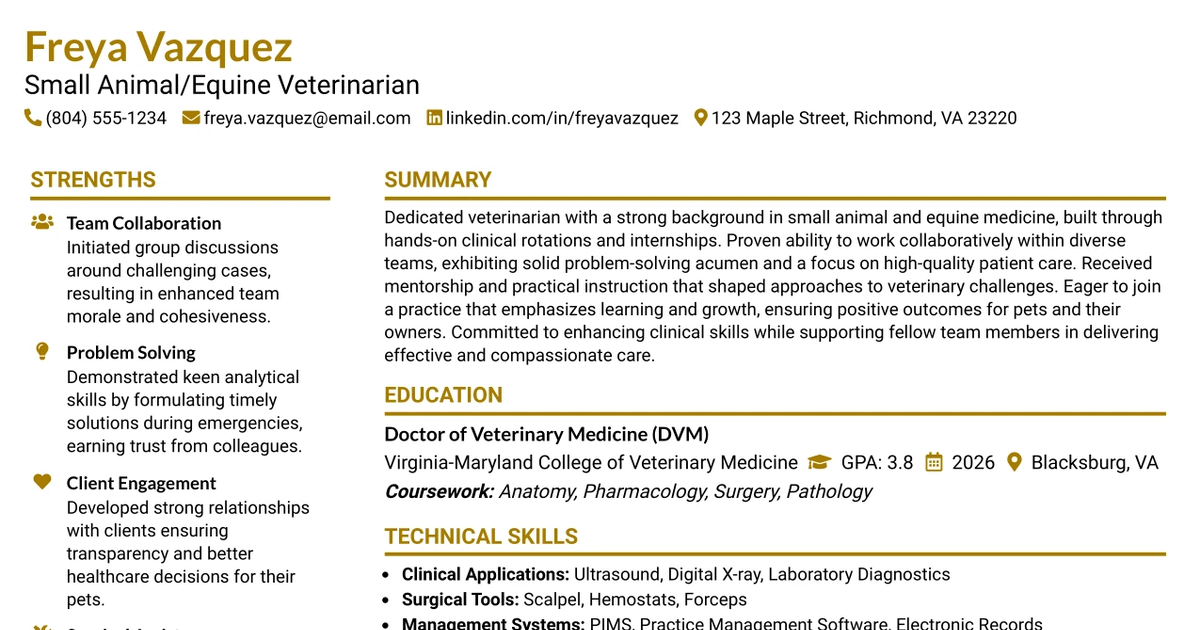 33 Small Animal/Equine Veterinarian Resume Templates with Example 2026 (ATS-Optimized)
