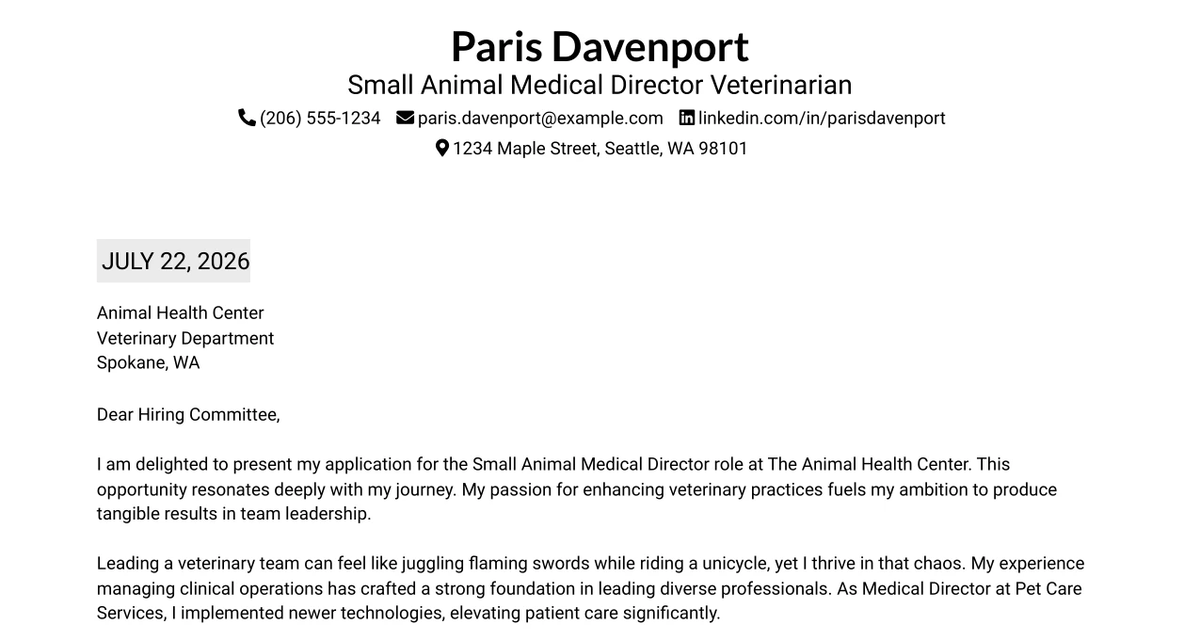 30+ Small Animal Medical Director Veterinarian Cover Letter Templates with Example 2026