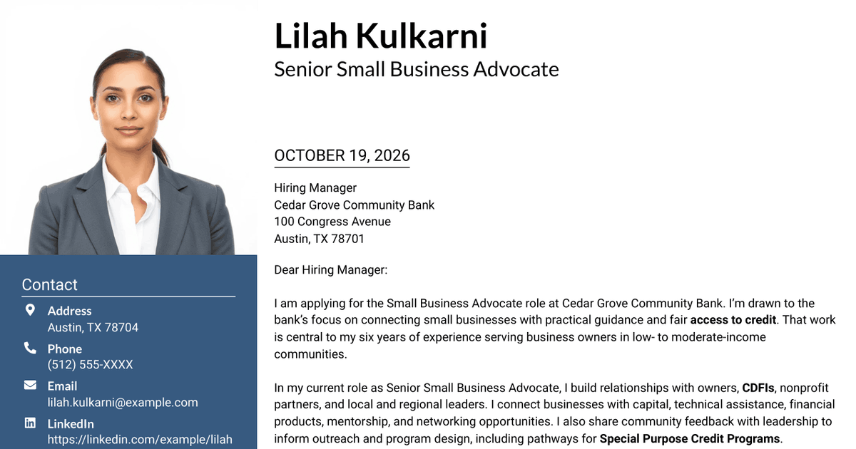 7 Small Business Advocate - Community Development Cover Letter Templates with Example