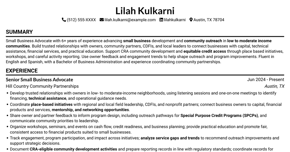 7 Small Business Advocate - Community Development Resume Templates with Example
