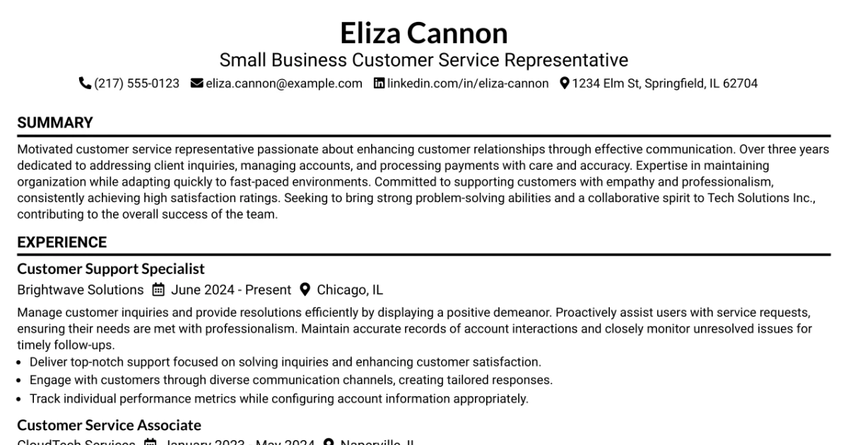 33 Small Business Customer Service Representative Resume Templates with Example 2026 (ATS-Optimized)
