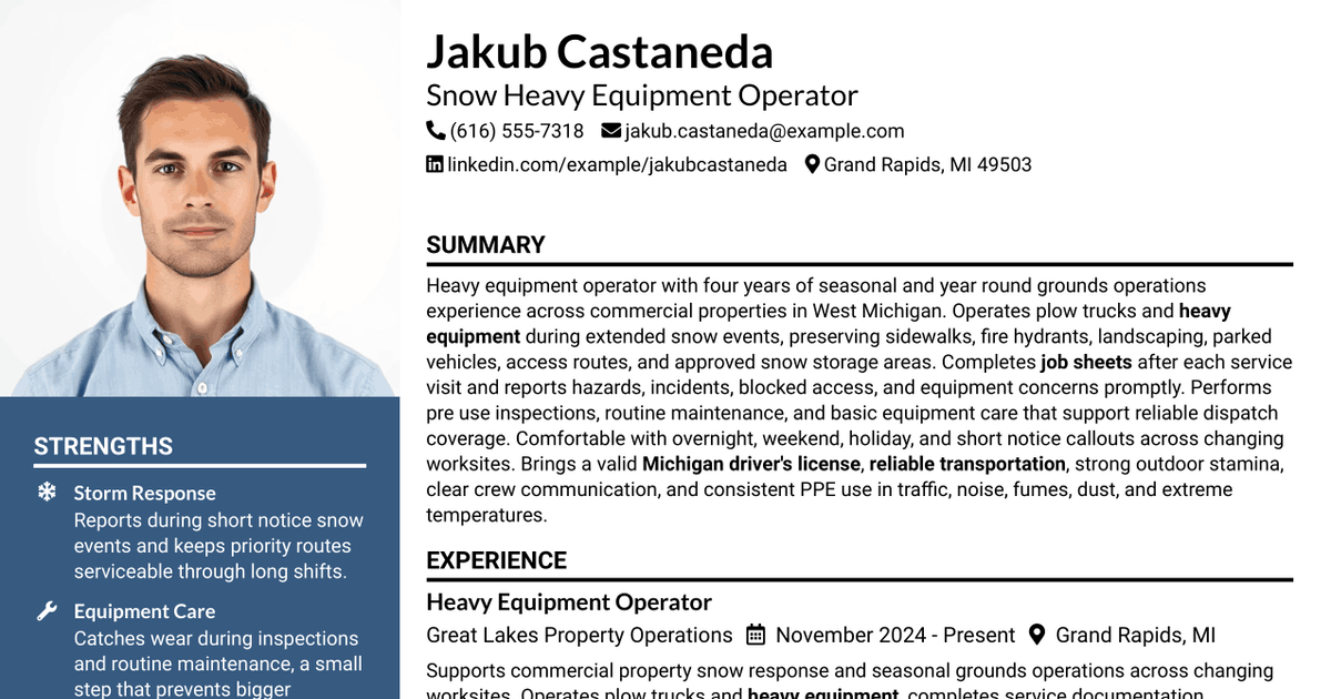 7 Snow Heavy Equipment Operator Resume Templates with Example