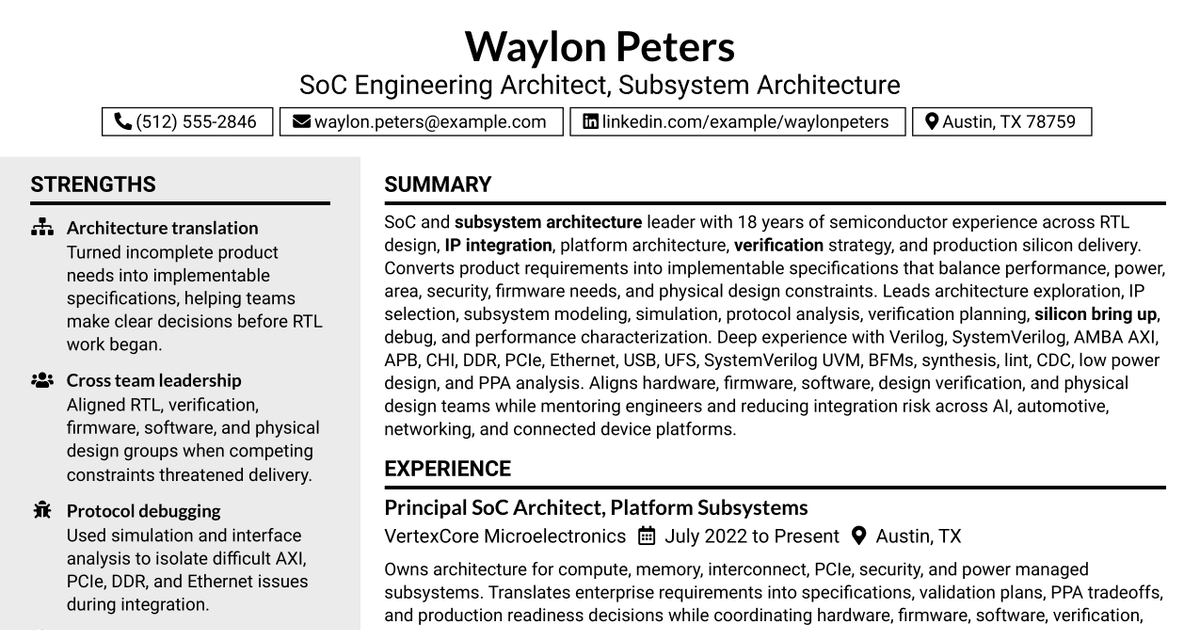 7 SoC Engineering Architect - Subsystem Architecture Resume Templates with Example
