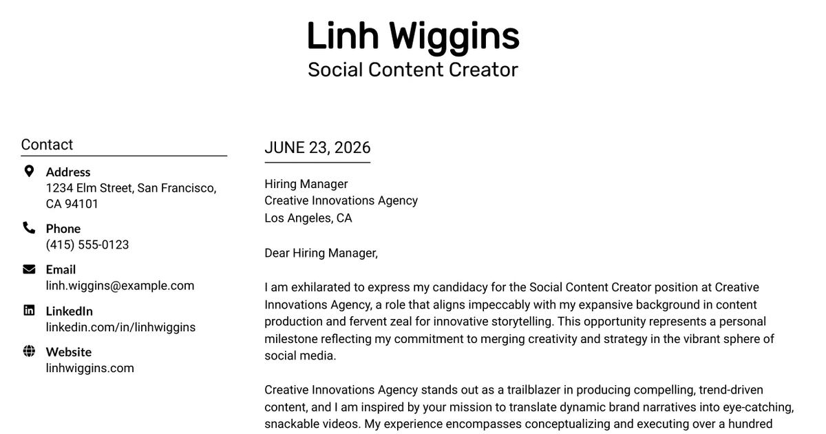 30+ Social Content Creator Cover Letter Templates with Example 2026