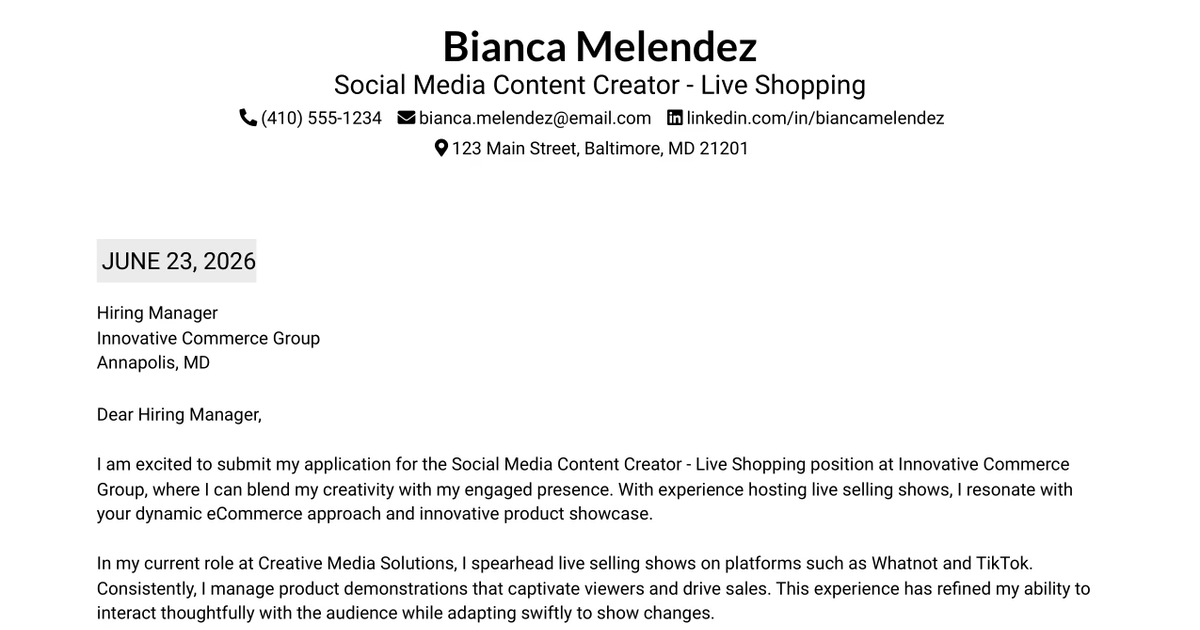 30+ Social Media Content Creator - Live Shopping Cover Letter Templates with Example 2026