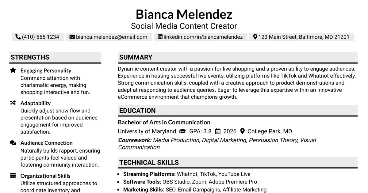 33 Social Media Content Creator - Live Shopping Resume Templates with Example 2026 (ATS-Optimized)