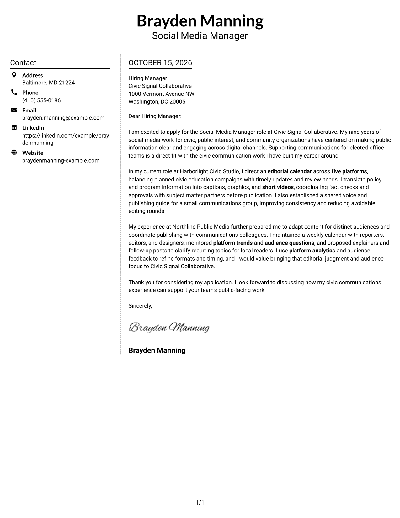 Cover letter example — page 1