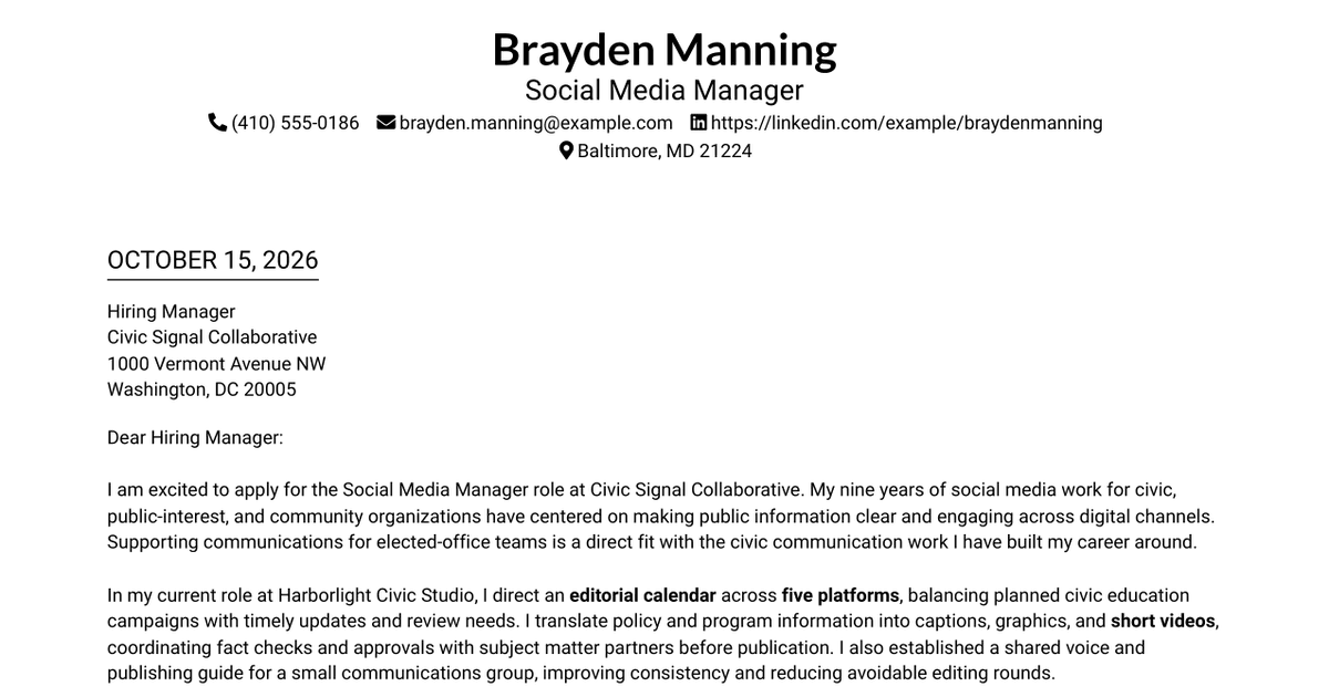 7 Social Media Manager - Audience Engagement Cover Letter Templates with Example